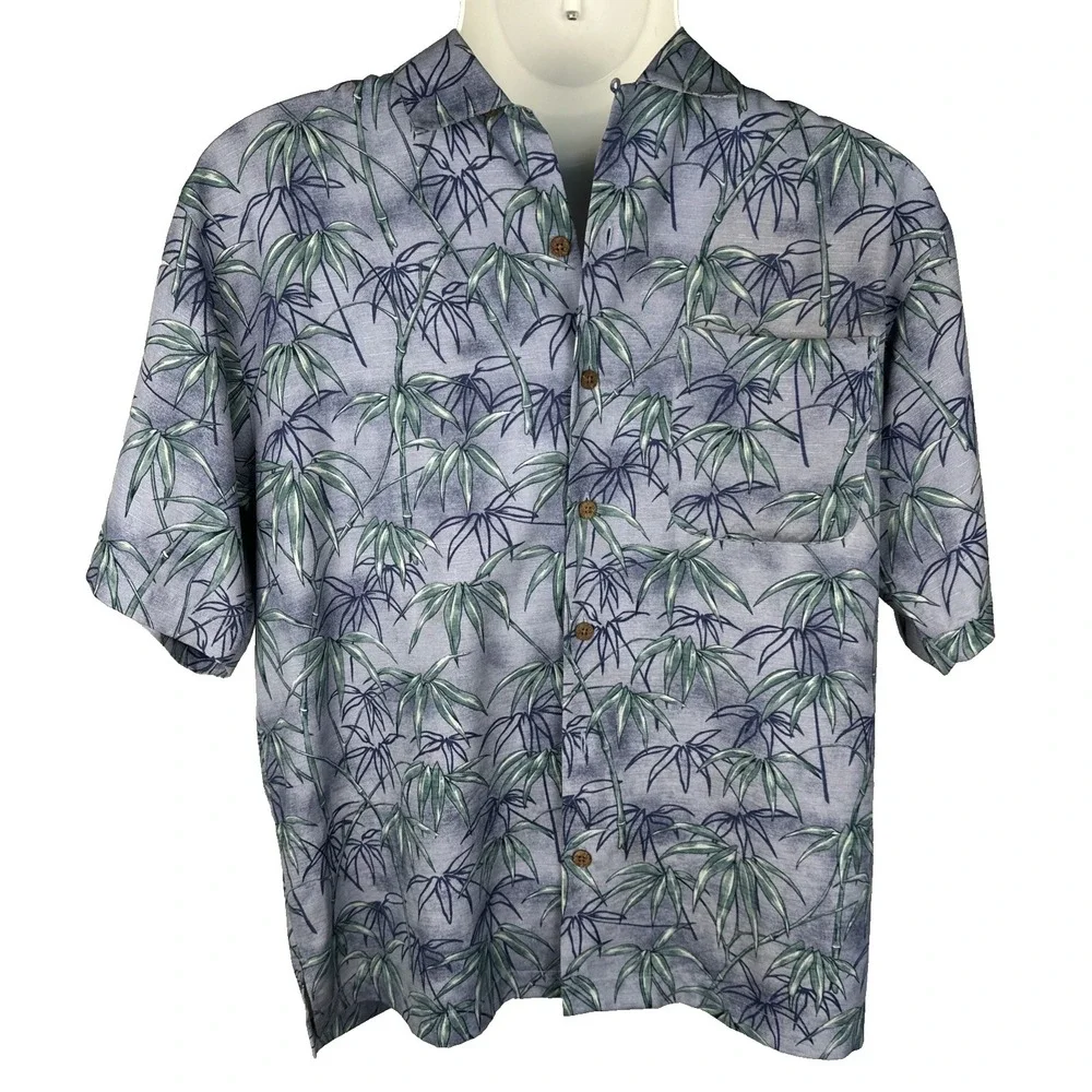 Tommy Bahama Men's Silk‎ Hawaiian Shirt Blue Palm Print Short Sleeve Button-Up M